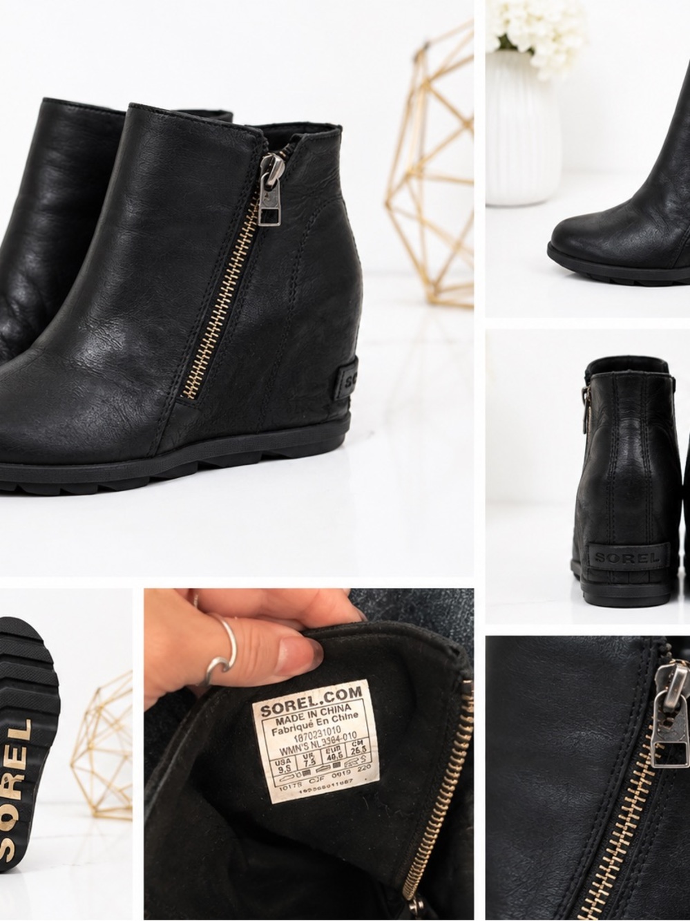 Sorel Black Leather Wedge Ankle Booties with Gold Zip Detail